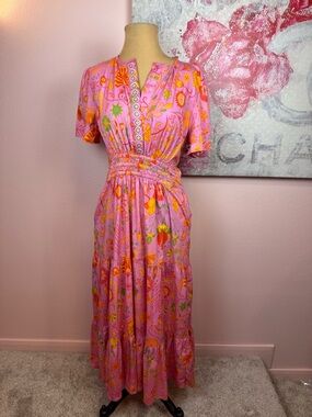 Sheridan French Pink Floral Tiered Maxi Dress with Embellished Neck